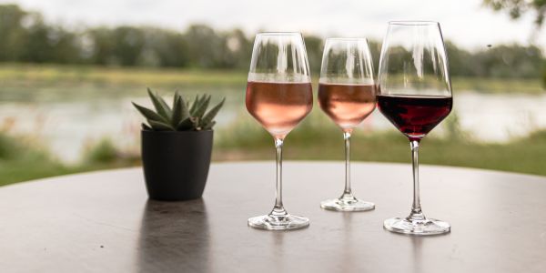 Rosé-Wein in edlen Gläsern mit Blick auf den Rhein