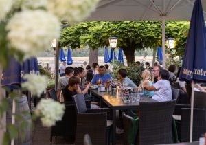 Eine Gruppe von Gästen sitzt gemeinsam an einem langen Tisch auf einer Außenterrasse unter großen Bäumen und einem Sonnenschirm.