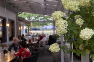Blick an großen, weißen Hortensienblüten vorbei auf die überdachte Außenterrasse des Restaurants mit sitzenden Gästen.